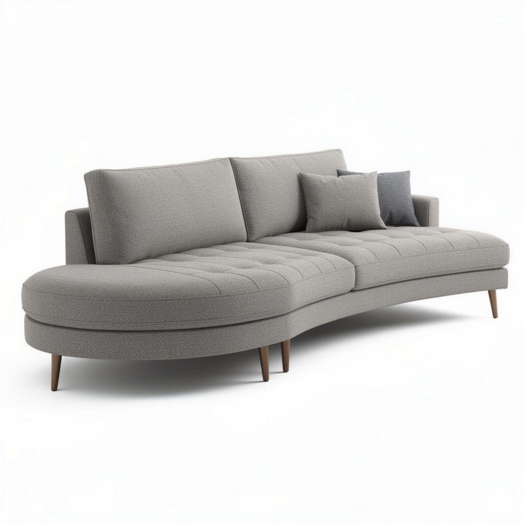 Divano curved in tessuto grigio con cuscini di sostegno dimensioni 200 x 95 x 85cm