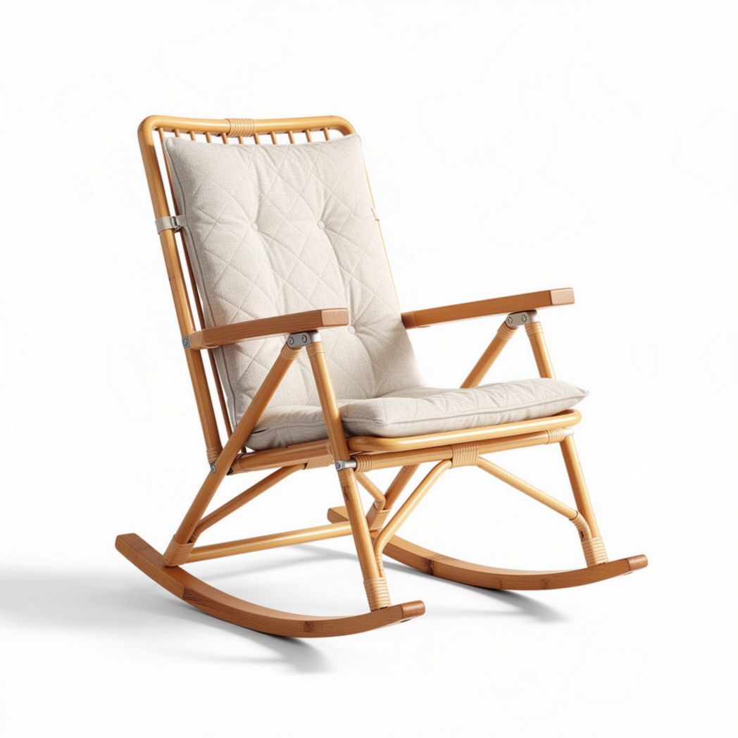 Poltrona a dondolo in legno di bambù con cuscino beige 80 x 60 x 100cm