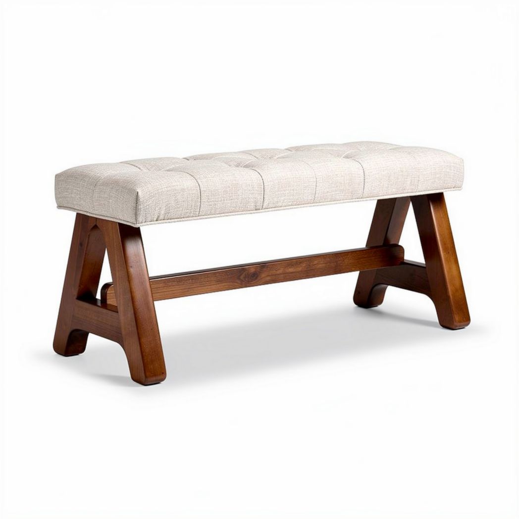 Panca in legno con seduta imbottita color beige 120 x 40 x 45 cm
