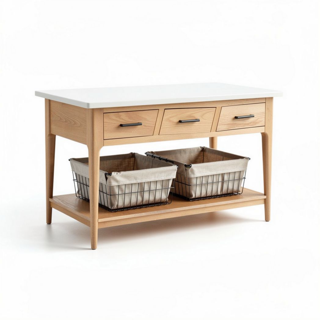 Tavolo da cucina in legno chiaro con ripiano in marmo e cassetti 120 x 60 x 75cm