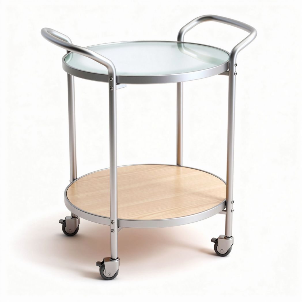 Carrello da servizio con struttura in acciaio lucido e ripiani in vetro e legno 80 x 50 x 80cm